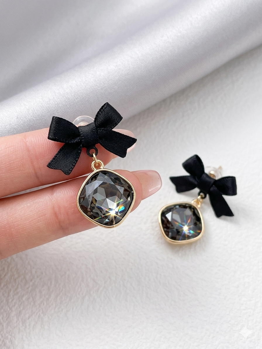 Crystal Bow & Pave Drop Earrings — Bold Party Wear | Available in Black & Purple