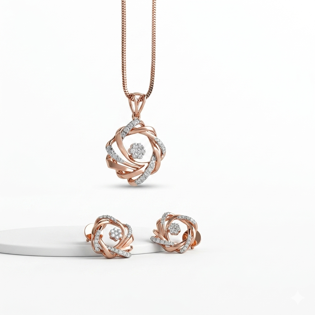 Rose Gold Crystal Swirl Pendant & Earring Jewellery Set — Premium Gift for Her | Anniversary & Wedding