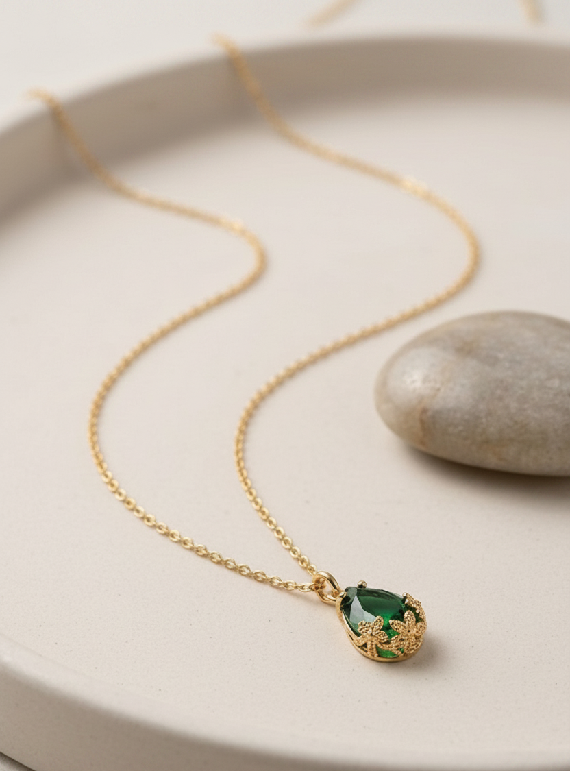 Emerald Green Teardrop Crystal Pendant Necklace — Gold Floral Setting | Elegant Gift for Her