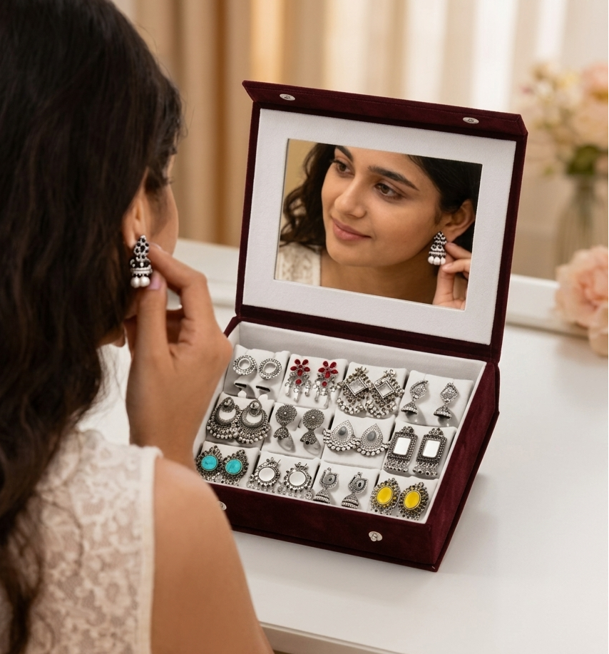 Oxidised Silver 18-Pair Earring Set with Mirror Lid Wooden Storage Box