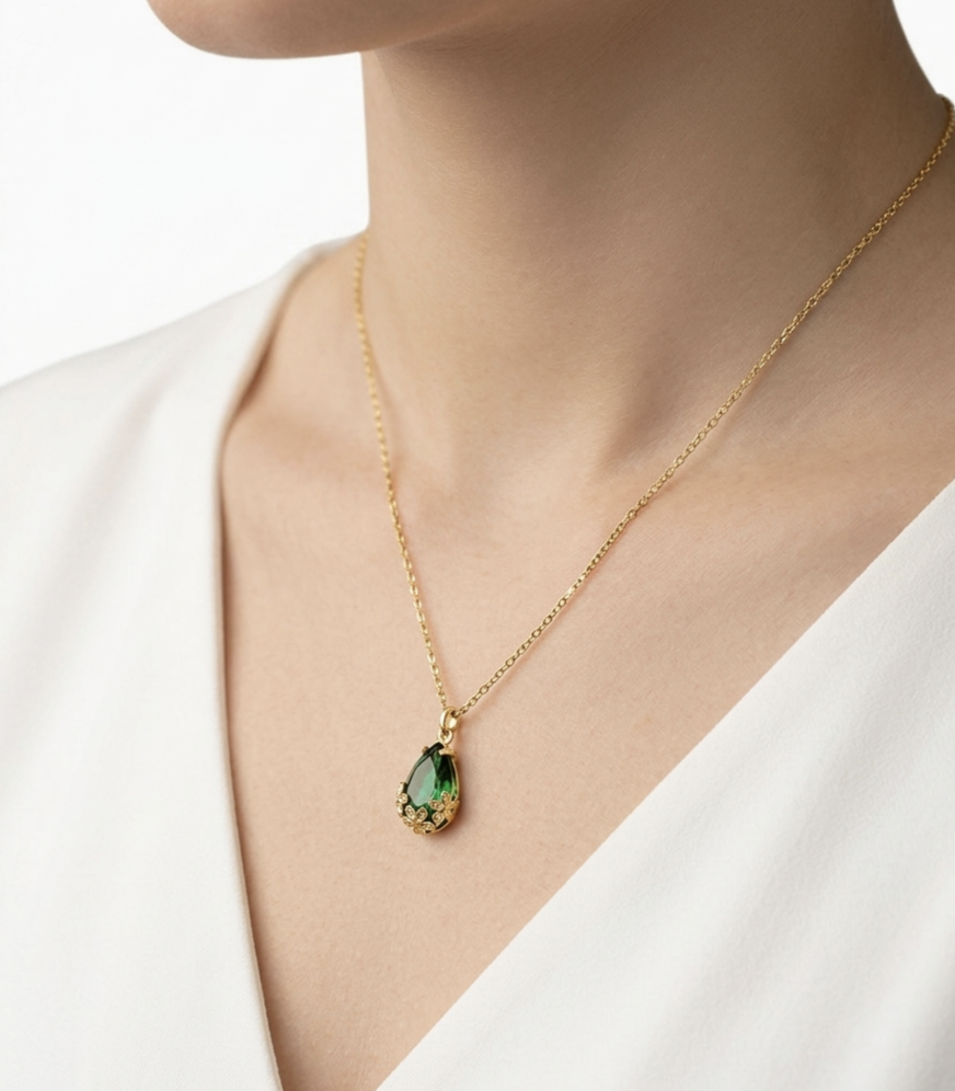 Emerald Green Teardrop Crystal Pendant Necklace — Gold Floral Setting | Elegant Gift for Her