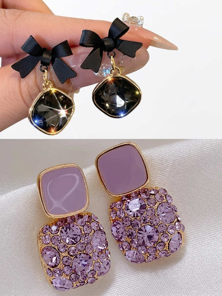 Crystal Bow & Pave Drop Earrings — Bold Party Wear | Available in Black & Purple