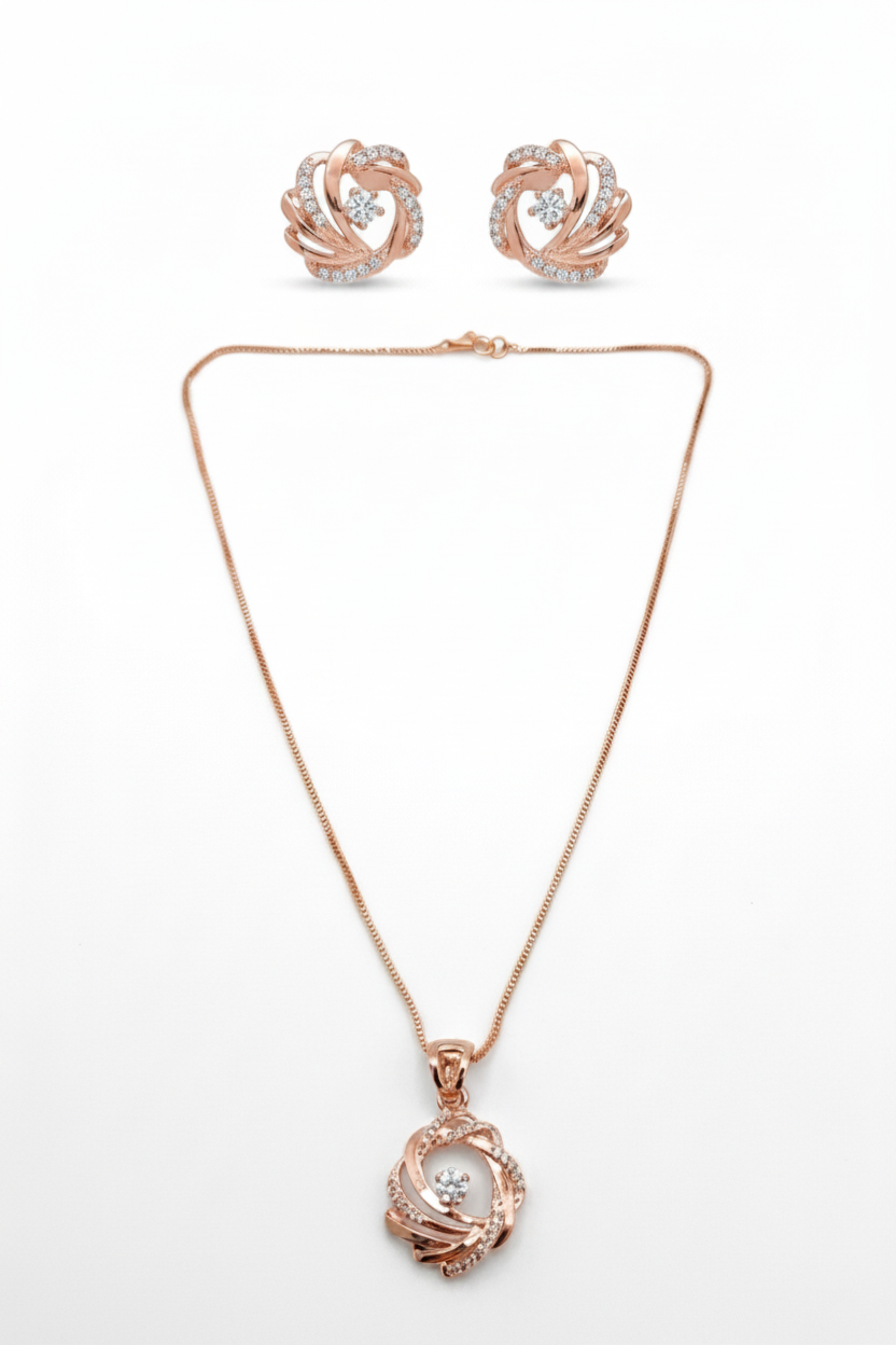 Rose Gold Crystal Swirl Pendant & Earring Jewellery Set — Premium Gift for Her | Anniversary & Wedding
