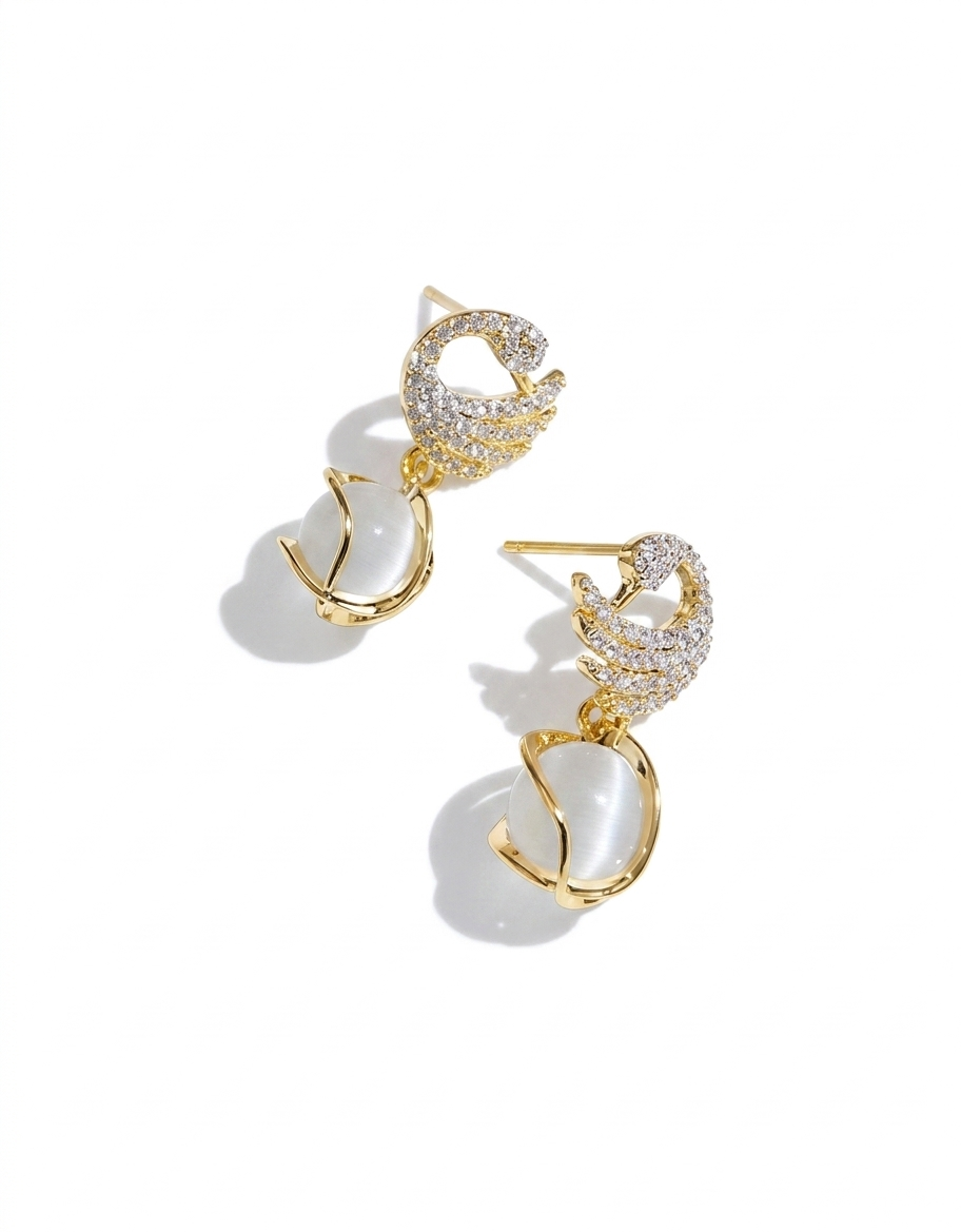 Elegant Swan Drop Earrings - Gold Plated With Moon Stone | Gift For Her