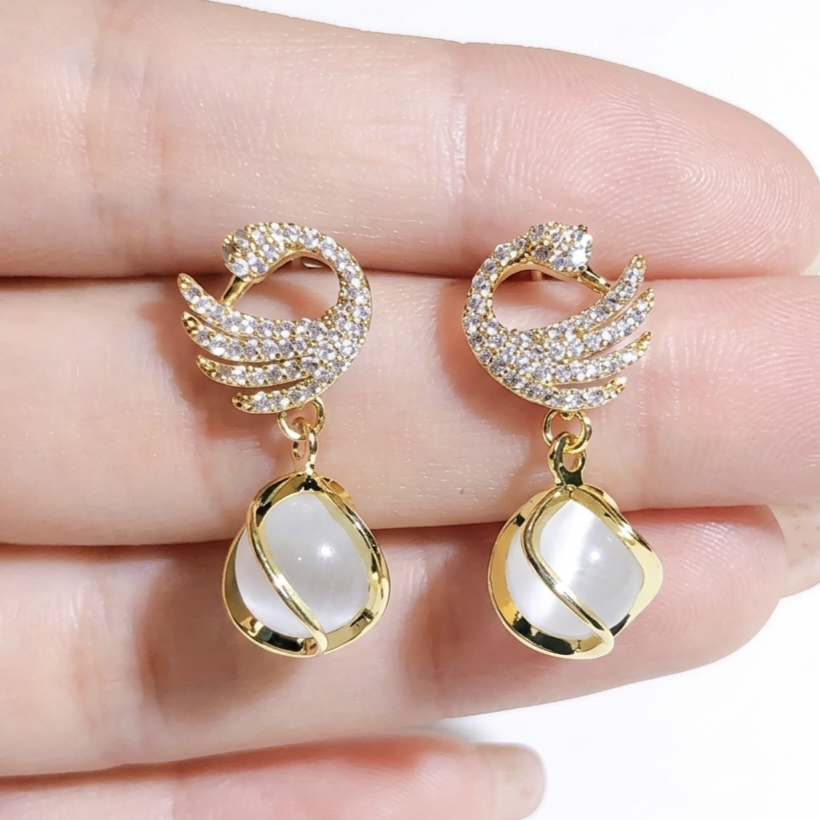 Elegant Swan Drop Earrings - Gold Plated With Moon Stone | Gift For Her
