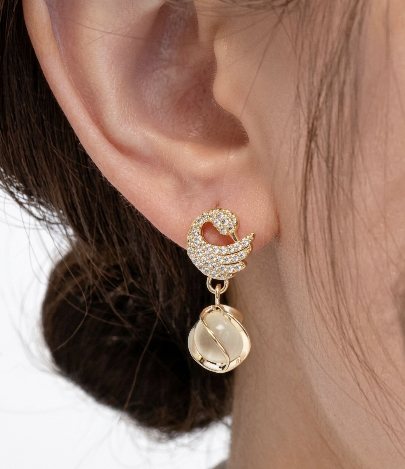 Elegant Swan Drop Earrings - Gold Plated With Moon Stone | Gift For Her
