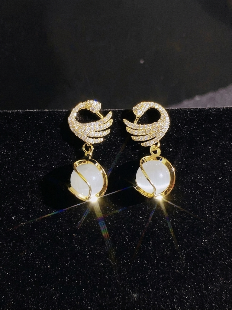 Elegant Swan Drop Earrings - Gold Plated With Moon Stone | Gift For Her