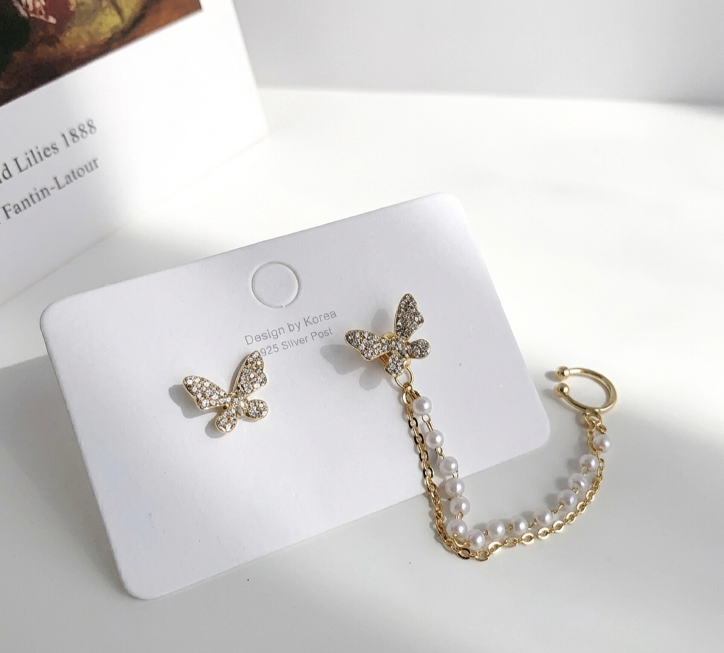 Crystal Butterfly Pearl Chain Ear Cuff Earrings — Korean Style Gold Plated