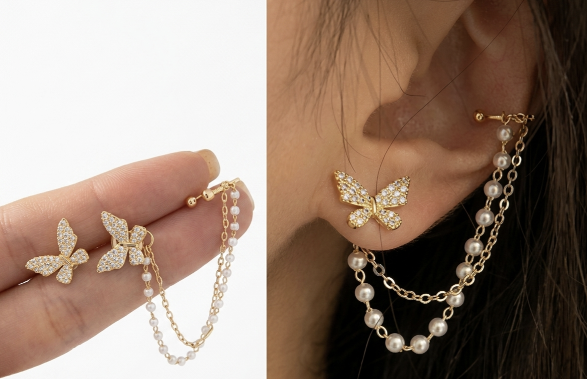 Crystal Butterfly Pearl Chain Ear Cuff Earrings — Korean Style Gold Plated
