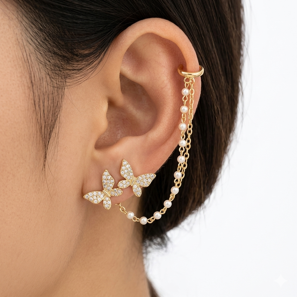 Crystal Butterfly Pearl Chain Ear Cuff Earrings — Korean Style Gold Plated