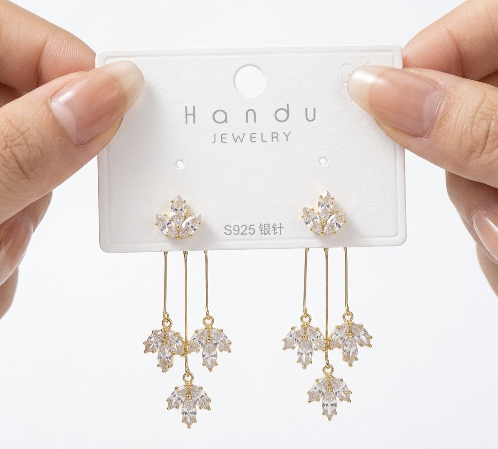 Crystal Leaf Cascade Long Drop Earrings — Gold Plated S925 | Elegant Daily & Party Wear