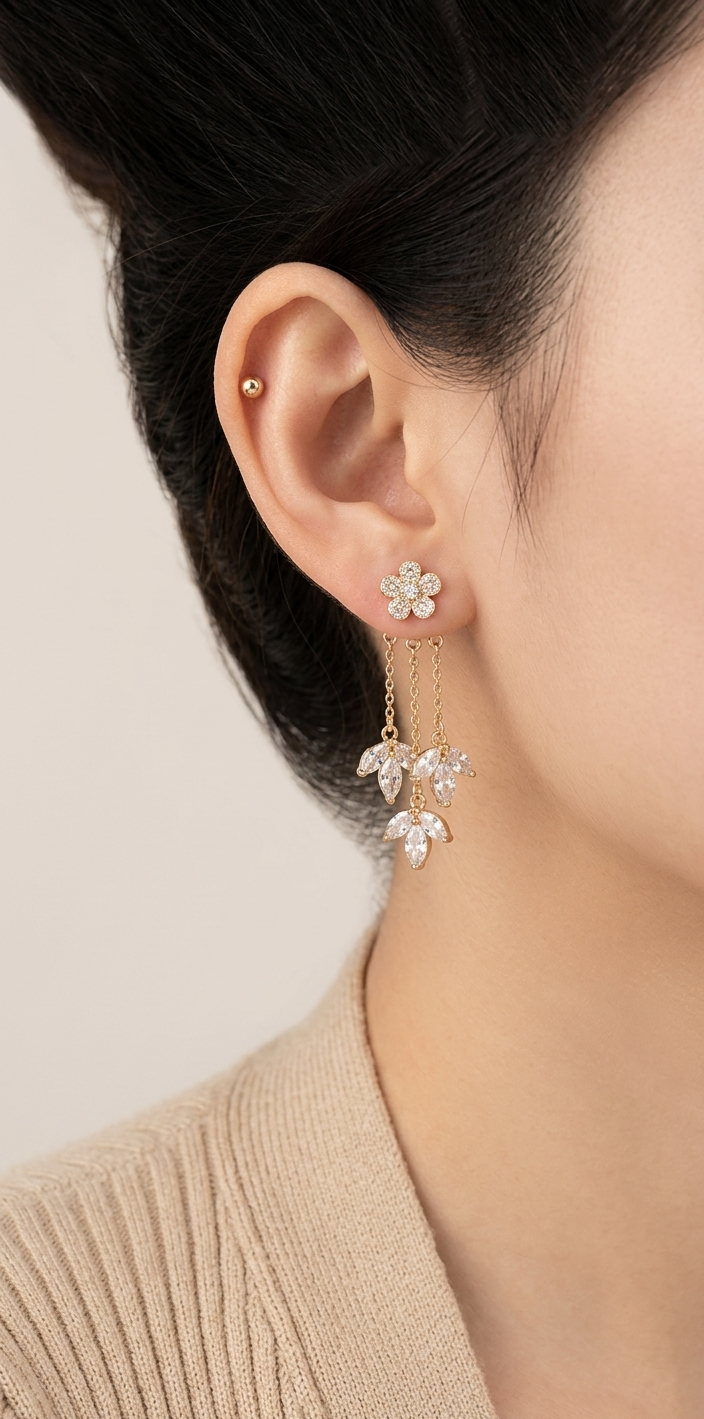Crystal Leaf Cascade Long Drop Earrings — Gold Plated S925 | Elegant Daily & Party Wear