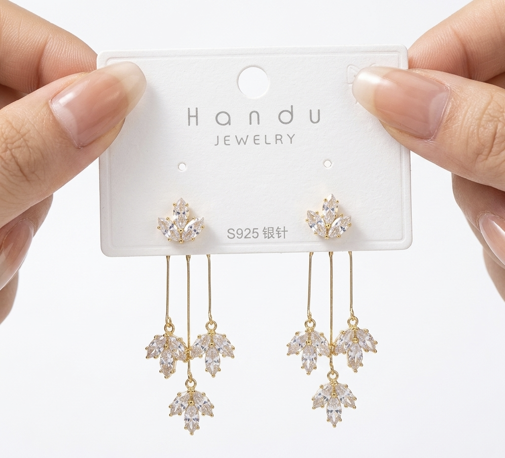 Crystal Leaf Cascade Long Drop Earrings — Gold Plated S925 | Elegant Daily & Party Wear