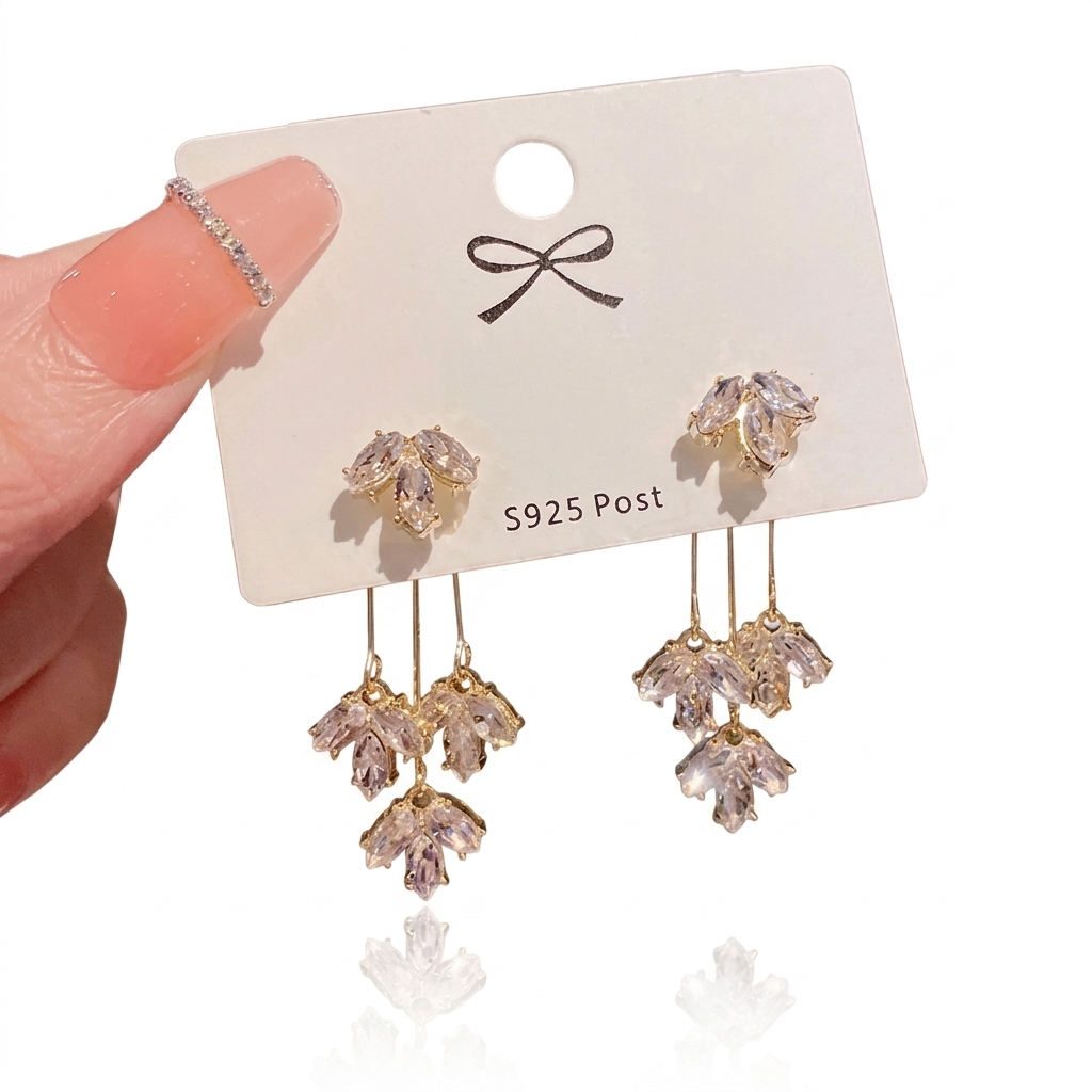 Crystal Leaf Cascade Long Drop Earrings — Gold Plated S925 | Elegant Daily & Party Wear
