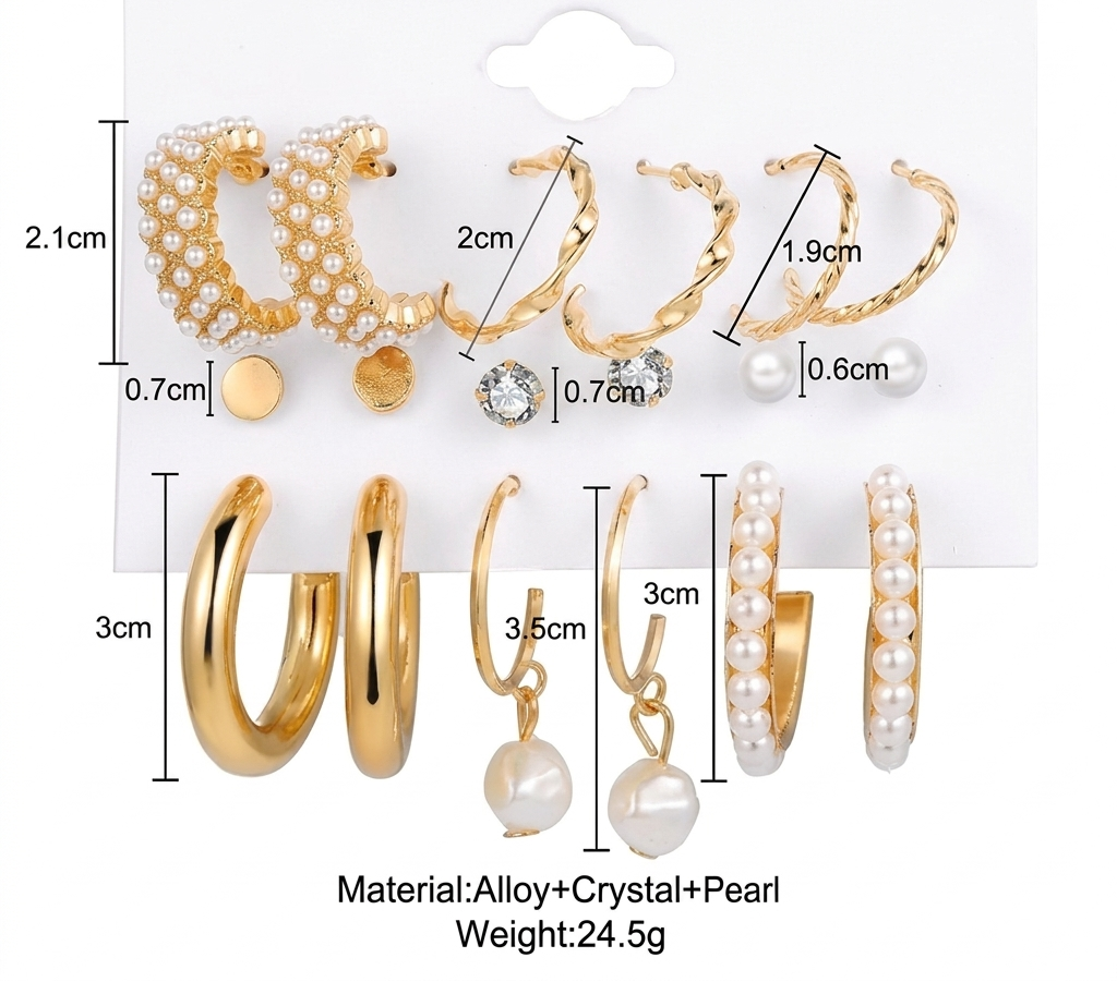 9 Pairs Gold Pearl Hoop & Stud Earrings Set — Aesthetic | Daily & Party Wear