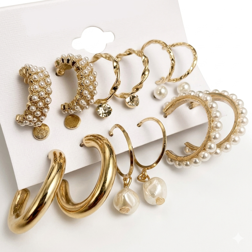 9 Pairs Gold Pearl Hoop & Stud Earrings Set — Aesthetic | Daily & Party Wear