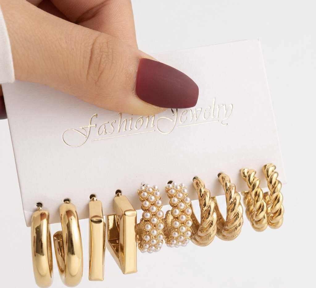 9 Pairs Gold Pearl Hoop & Stud Earrings Set — Aesthetic | Daily & Party Wear