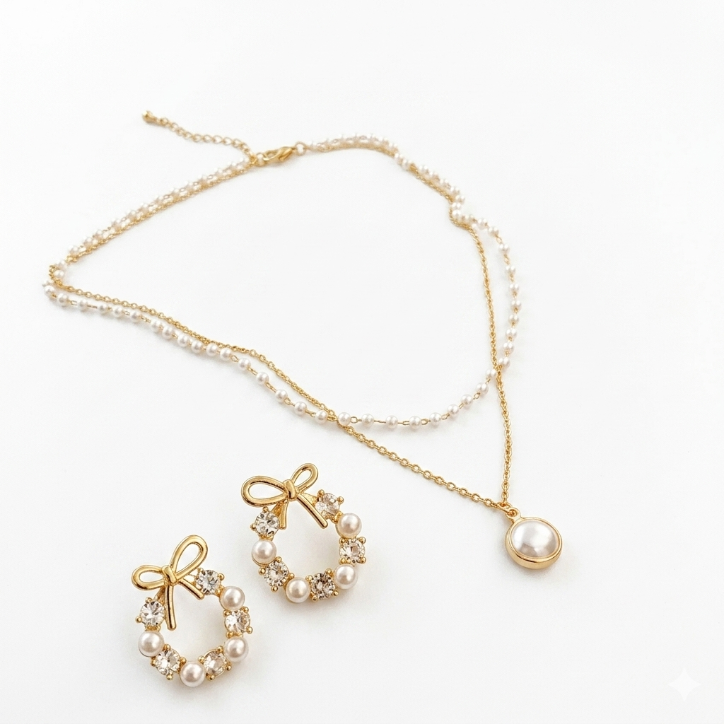 "Gold Bow Pearl Crystal Wreath Stud Earrings — Aesthetic Korean Style