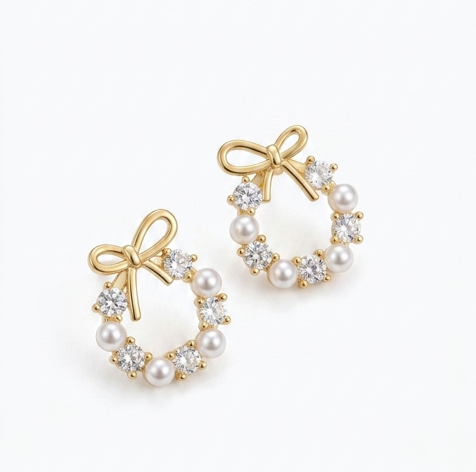 "Gold Bow Pearl Crystal Wreath Stud Earrings — Aesthetic Korean Style
