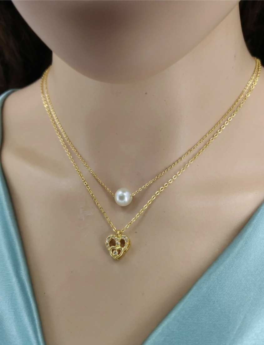 Layered Pearl & Baguette Crystal Triangle Pendant Necklace — Minimalist Gold | Aesthetic Daily Wear