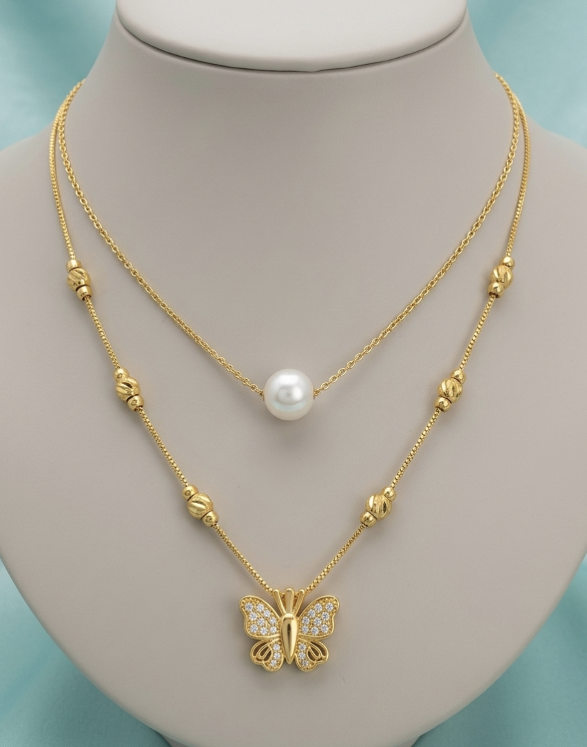 Layered Pearl & Baguette Crystal Triangle Pendant Necklace — Minimalist Gold | Aesthetic Daily Wear