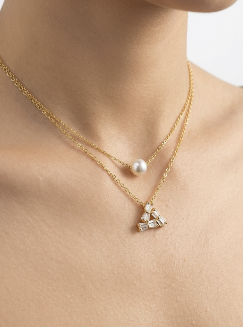 Layered Pearl & Baguette Crystal Triangle Pendant Necklace — Minimalist Gold | Aesthetic Daily Wear