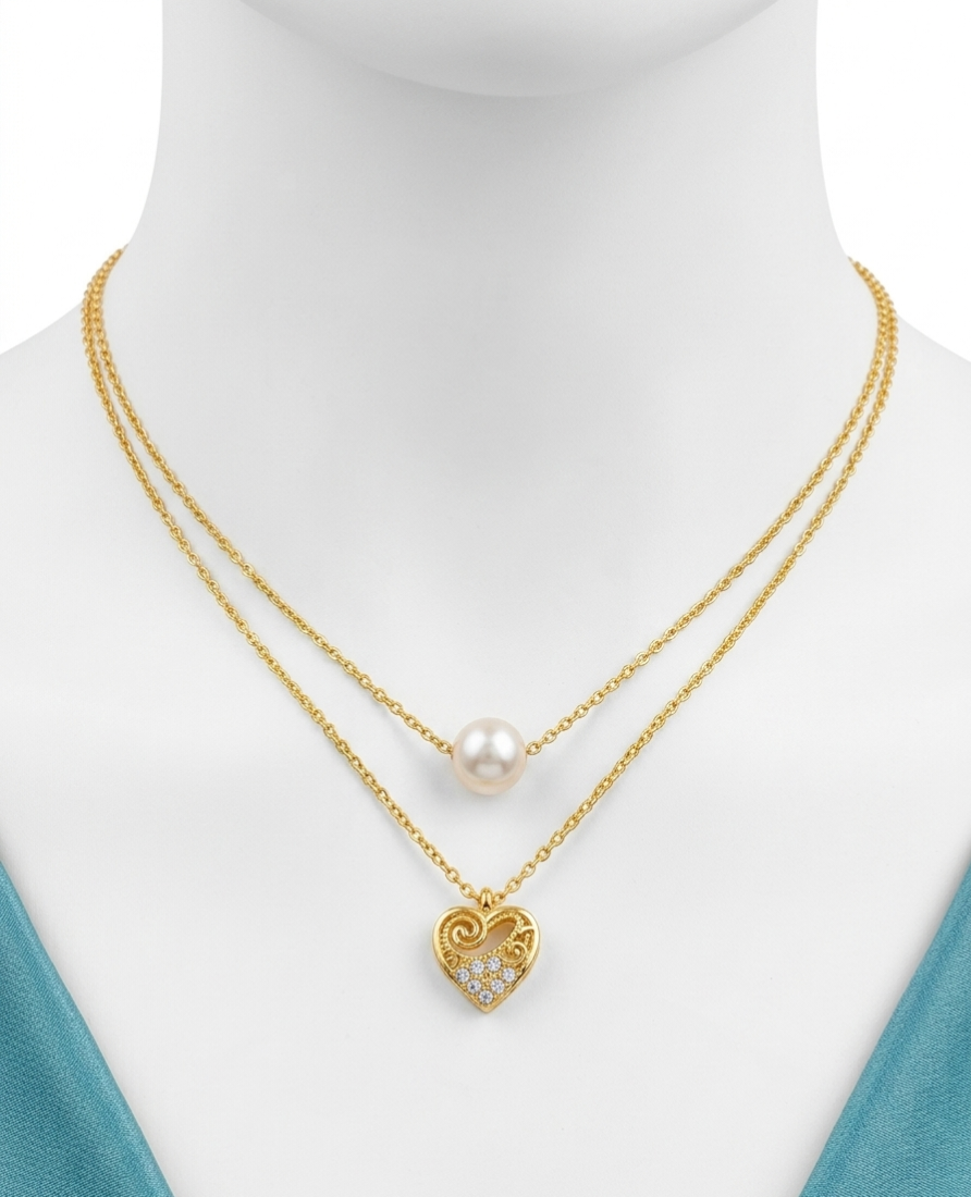 Layered Pearl & Baguette Crystal Triangle Pendant Necklace — Minimalist Gold | Aesthetic Daily Wear