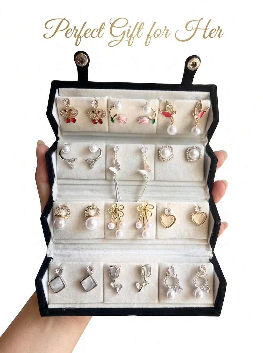 Glamorous 12-Pair Earring Collection Set with Premium Foldable Display Case
