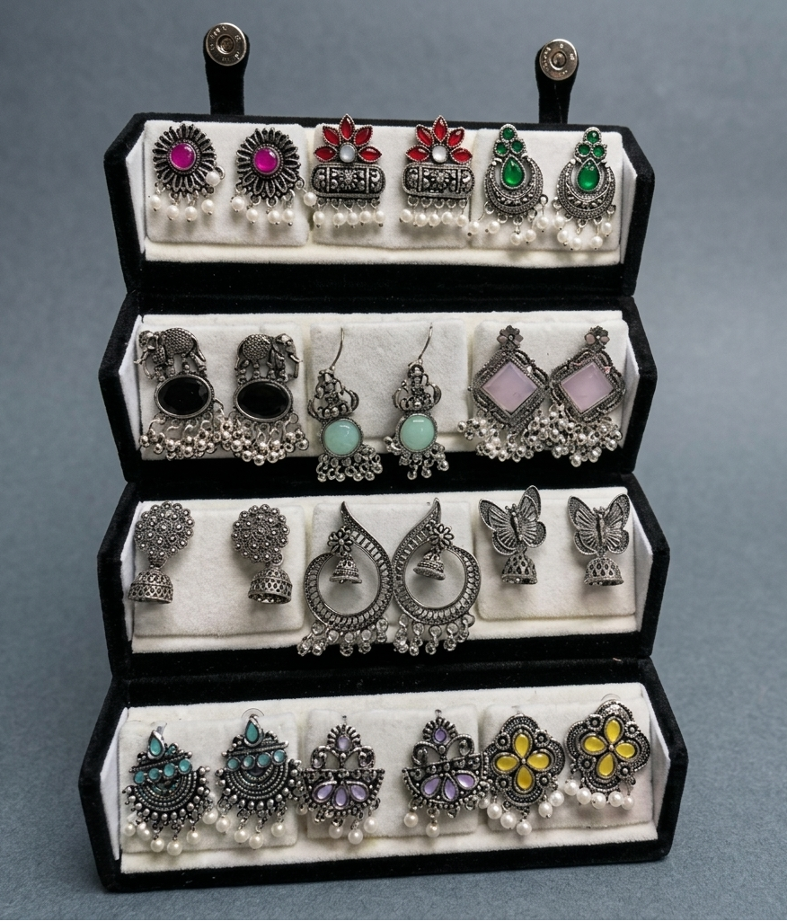 Ethnic Oxidised Silver 12-Pair Earring Set with Premium Foldable Display Case