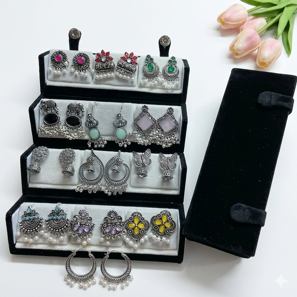 Ethnic Oxidised Silver 12-Pair Earring Set with Premium Foldable Display Case