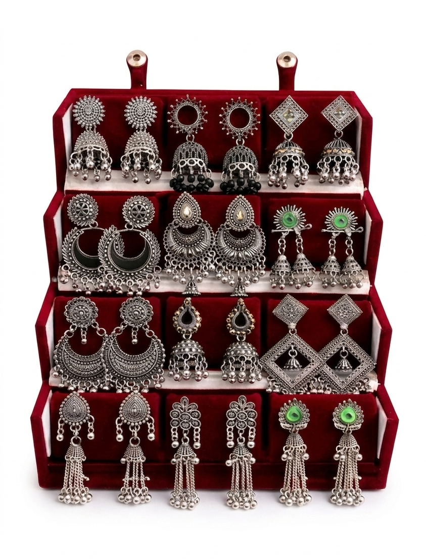Royal Jhumka & Chandbali 12-Pair Oxidised Silver Earring Set with Premium Display Case